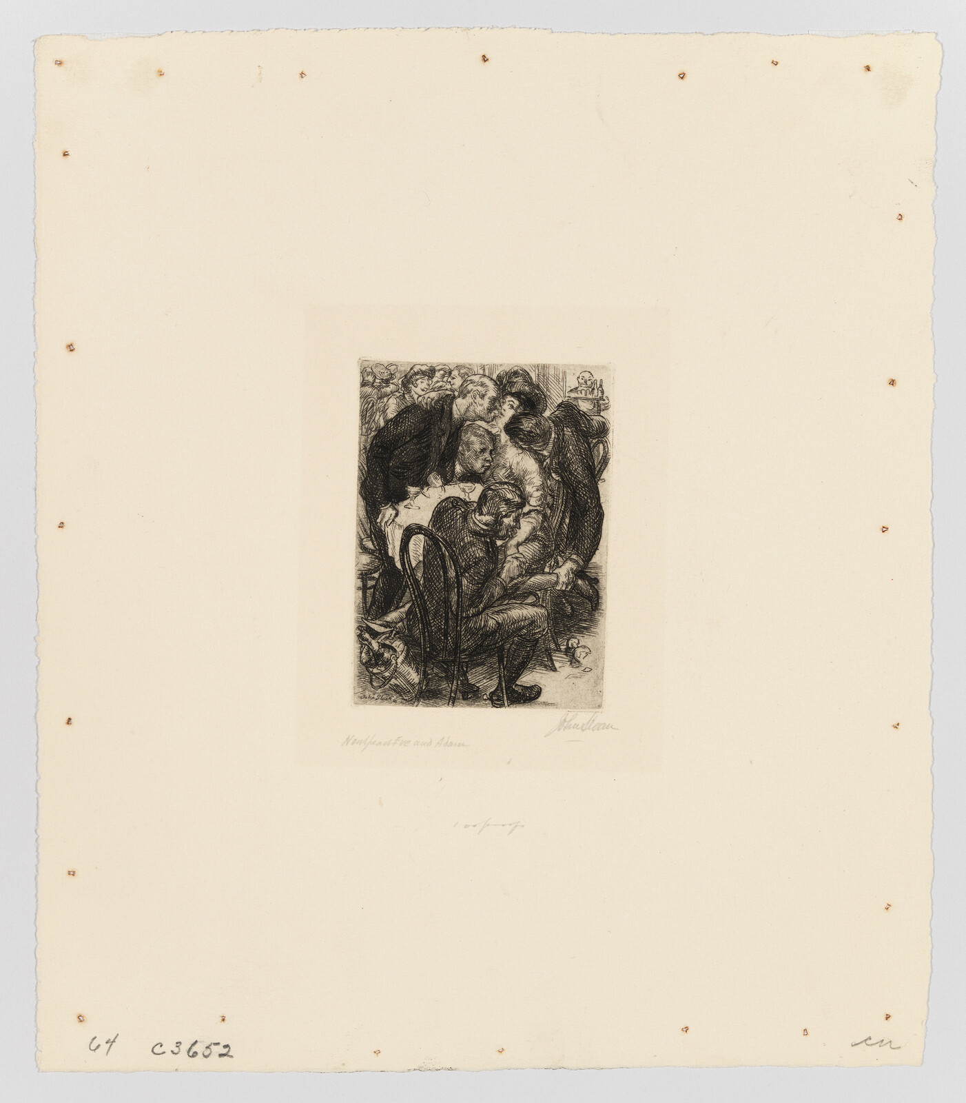 A group of people crowd around a seated man in a small crowded room.