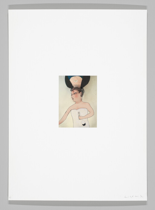 A small drawing of a person in a strapless dress holding a glass and wearing a large headpiece.