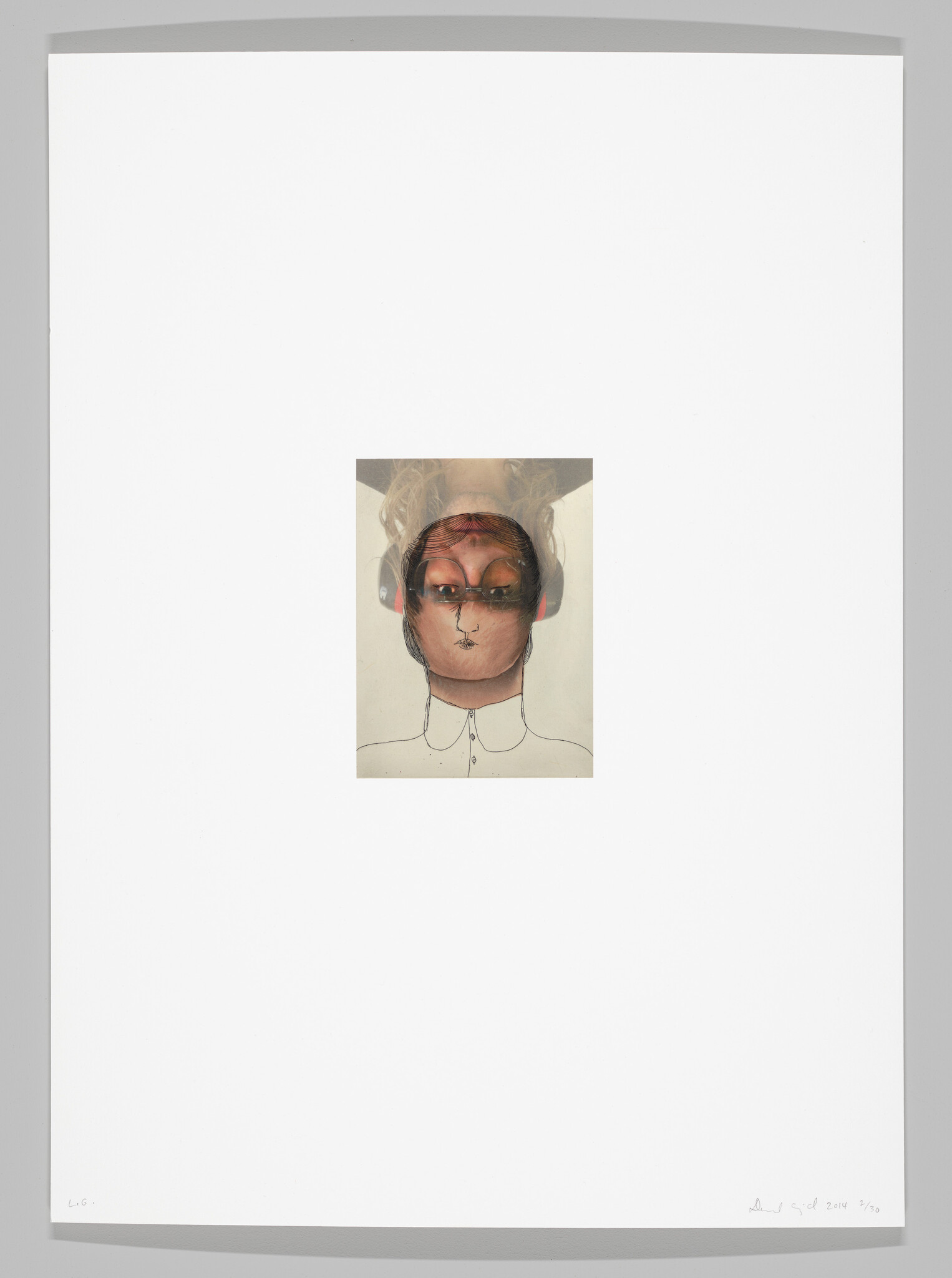 A small surreal portrait of a person with headphones and drawn collar centered on a large white sheet.