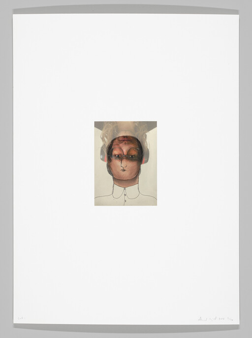 A small surreal portrait of a person with headphones and drawn collar centered on a large white sheet.