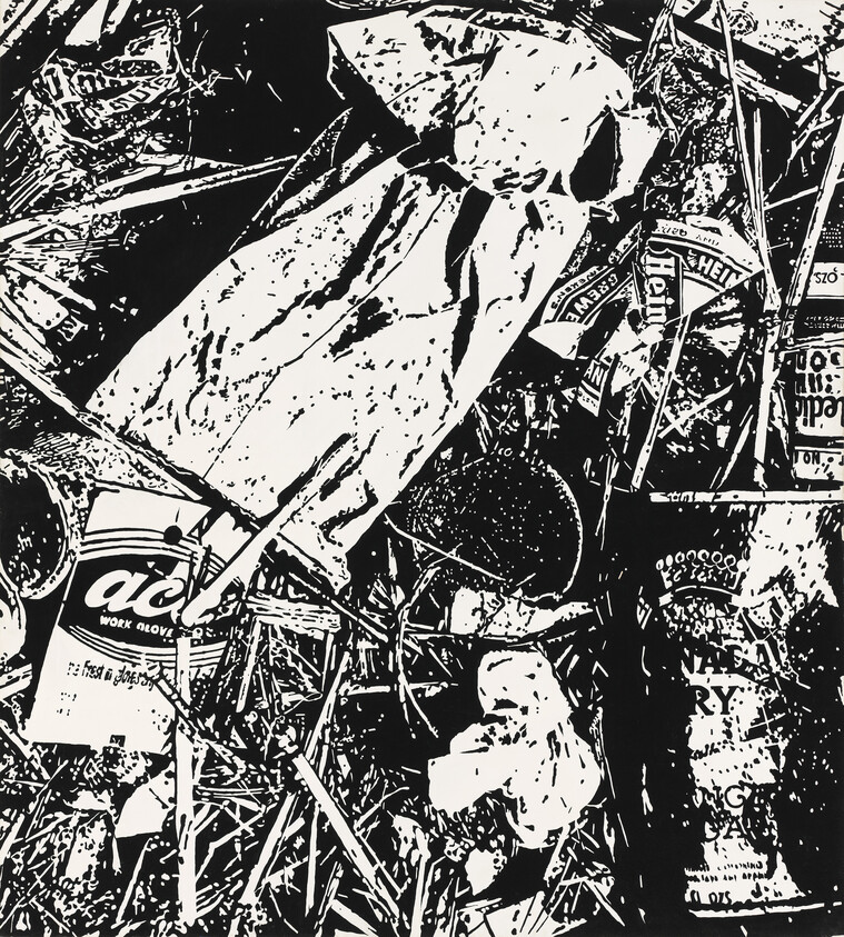 A high-contrast black and white image depicting a cluttered assortment of discarded items and trash, including crumpled papers, plastic wrappers, and other unidentifiable debris.