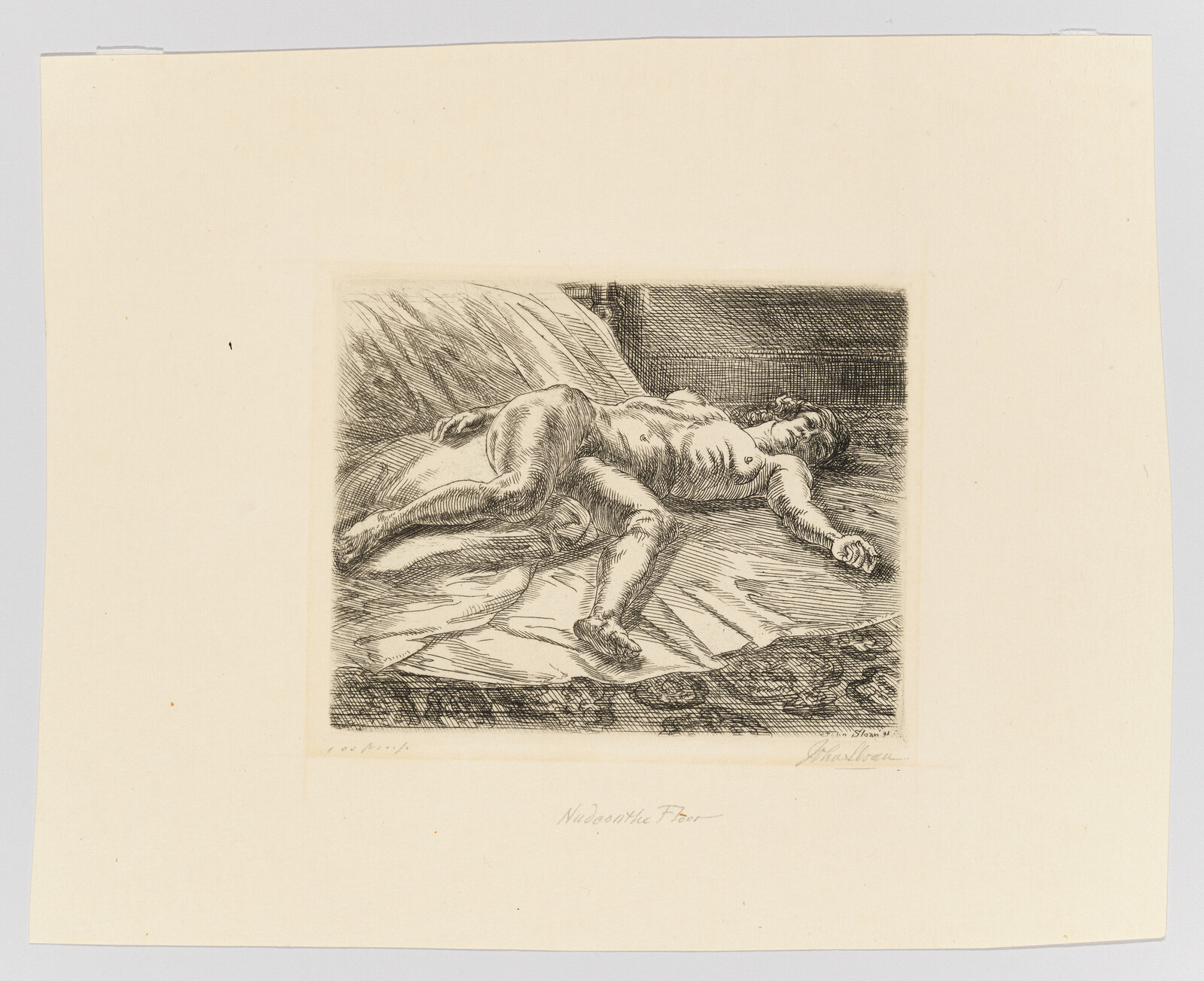 A nude figure lies sprawled on rumpled sheets with arms and legs extended.