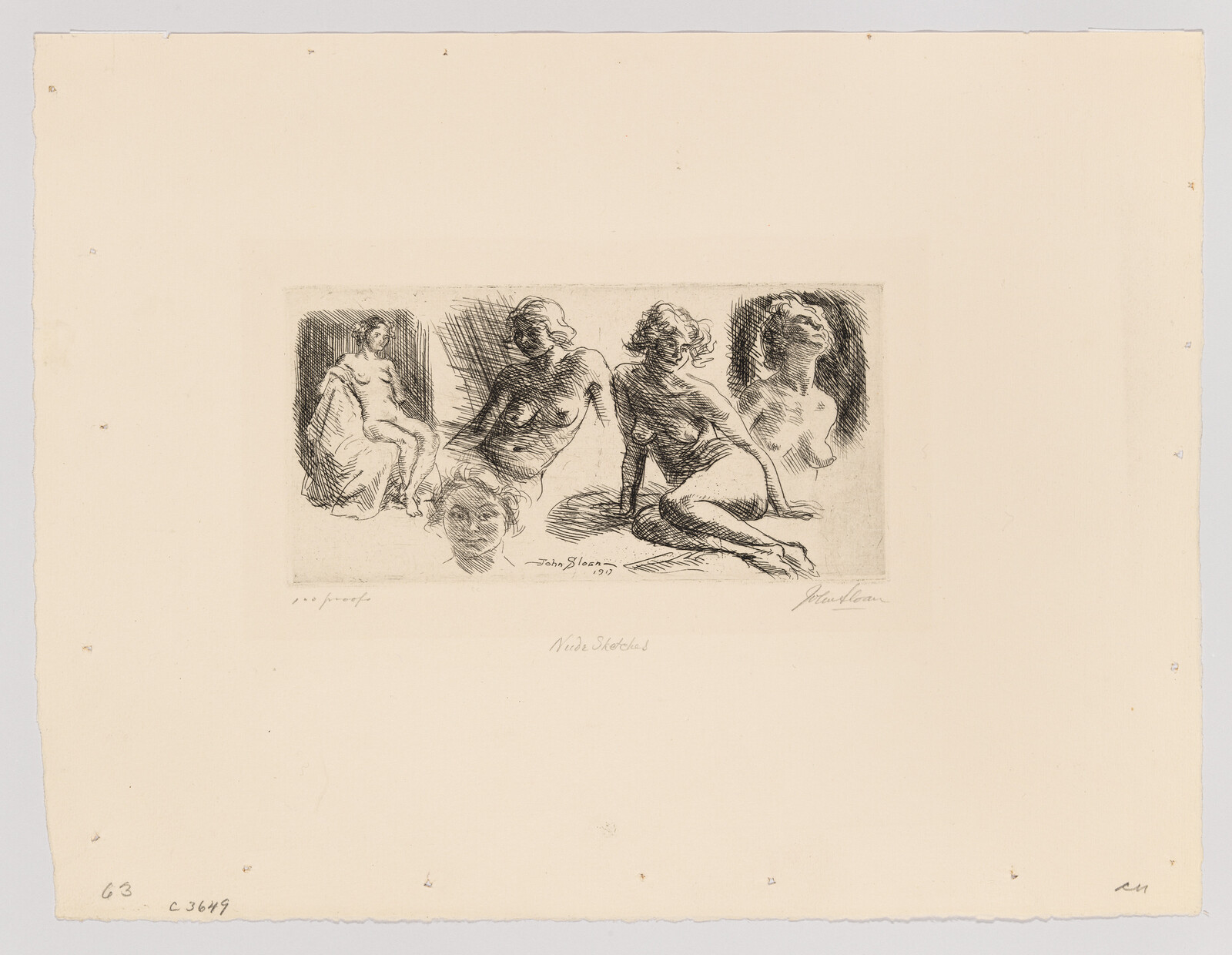 Several quick ink sketches show nude women seated, reclining, and a single head study.