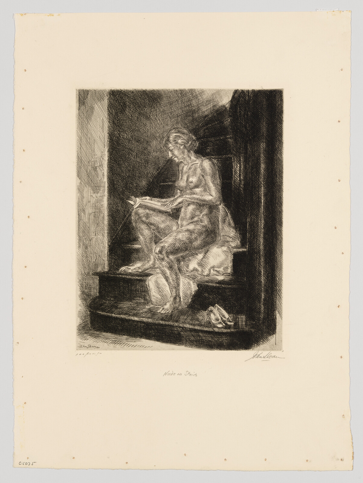 A nude woman sits on stairs reading a book with shoes beside her.