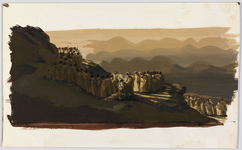 A long procession of cloaked figures gathers on a cliff overlooking misty, layered mountains.