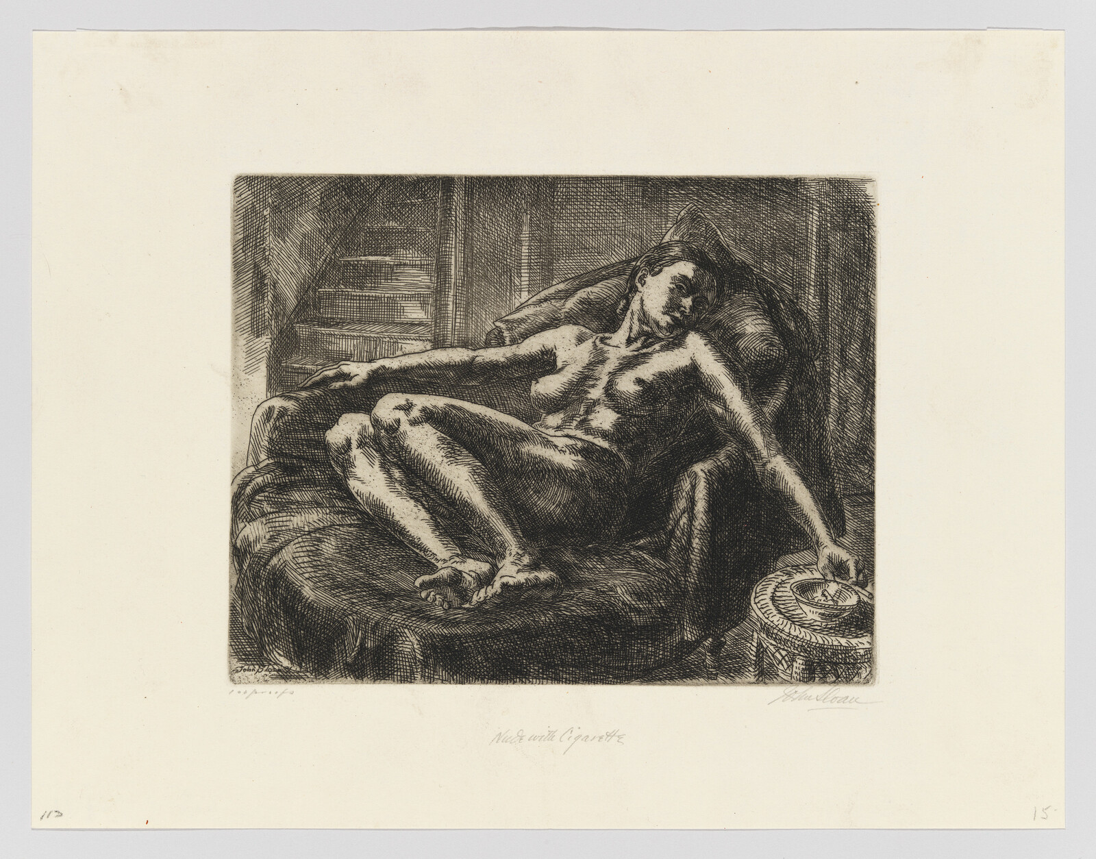 A nude woman reclines on a cushioned chair, reaching with one hand toward an ashtray.