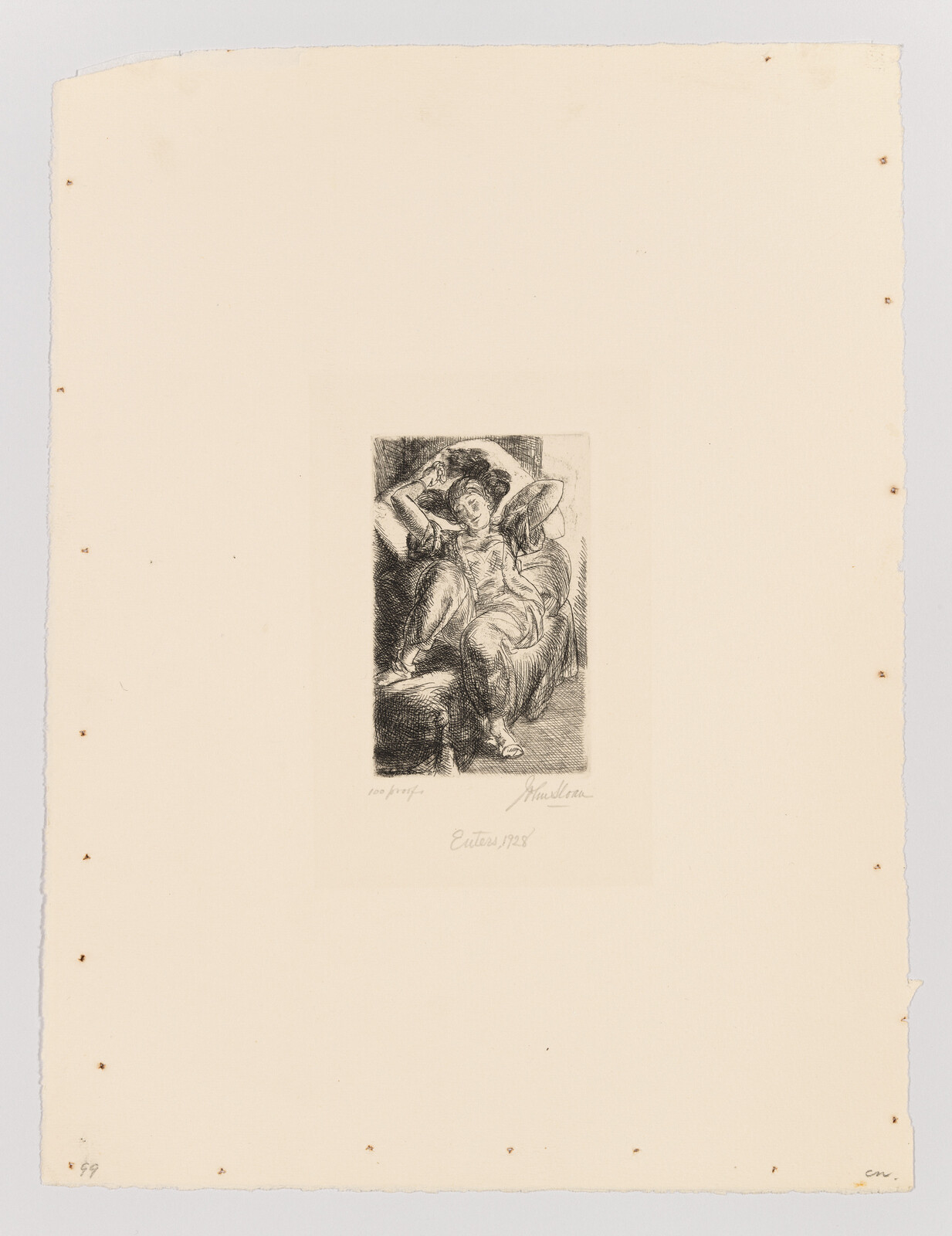 A small etching shows a reclining woman resting on a chair with one arm behind her head.