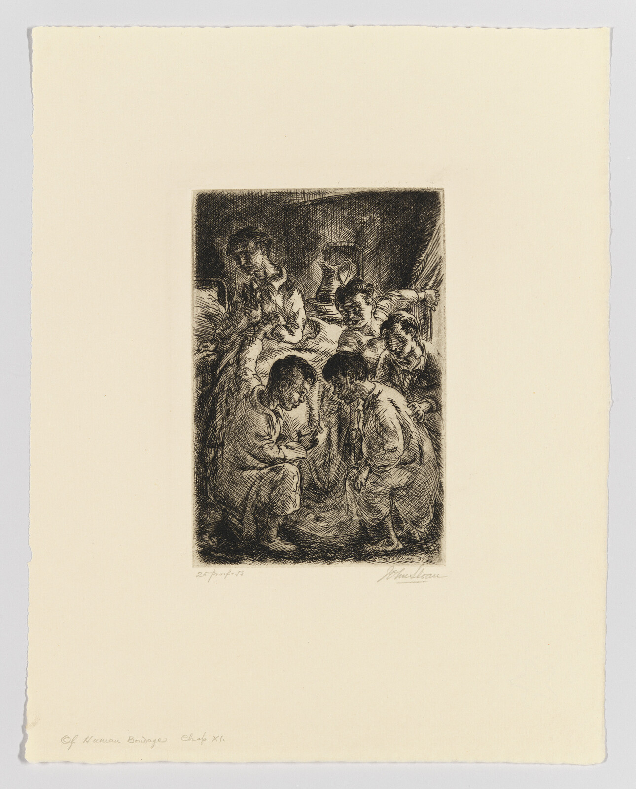 Etching of a group of people gathered closely, with a central figure illuminated, suggesting a scene of storytelling or teaching.