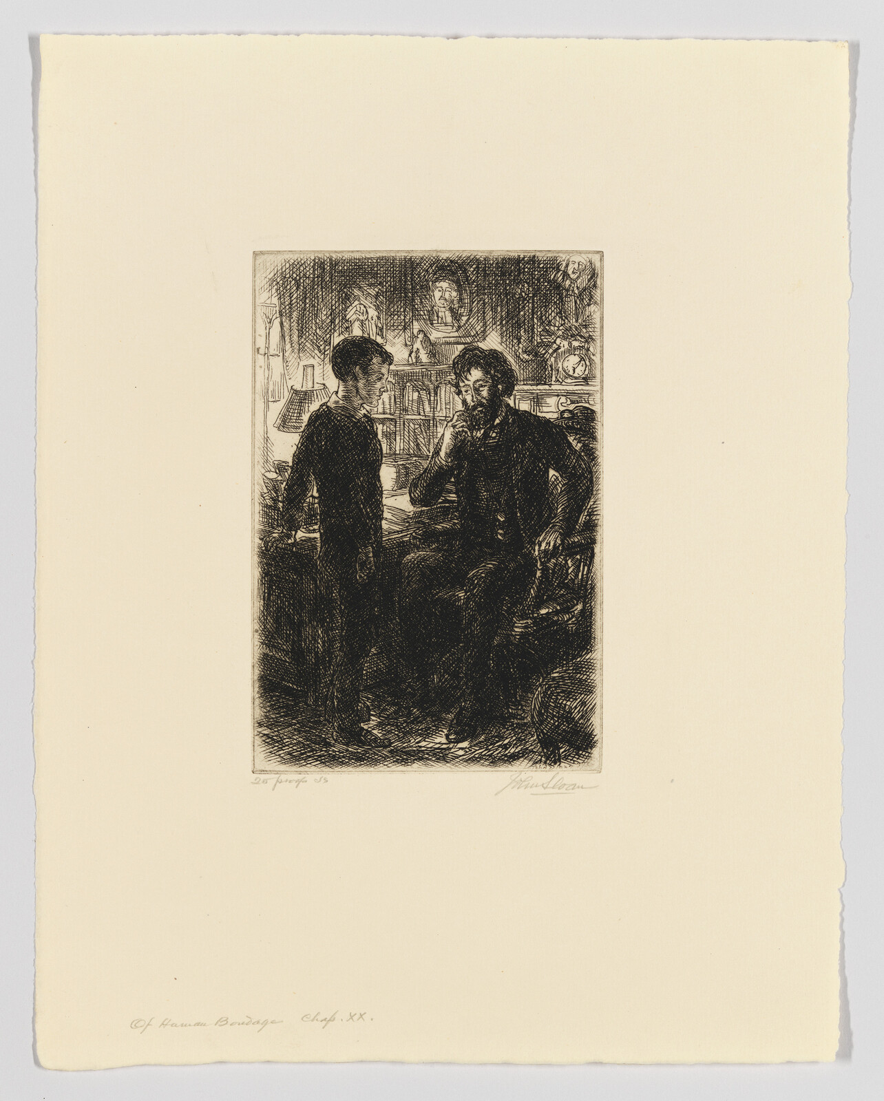 An etching depicting two figures in conversation, with one seated and the other standing, in a room filled with books and artwork. The image has a vintage quality and includes signatures and edition numbers on the bottom margin.