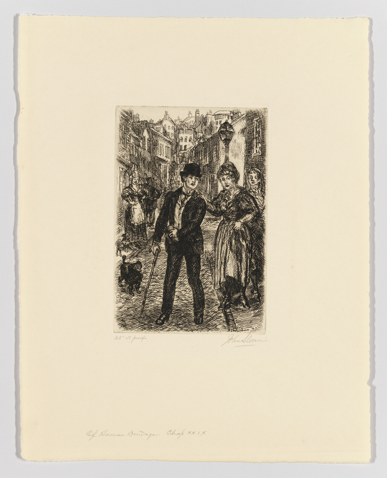 An etching depicting a bustling street scene with a well-dressed gentleman in the foreground holding a cane and a top hat, accompanied by two ladies to his right. The background features detailed buildings and pedestrians, suggesting a lively urban environment. The artwork includes handwritten inscriptions at the bottom.