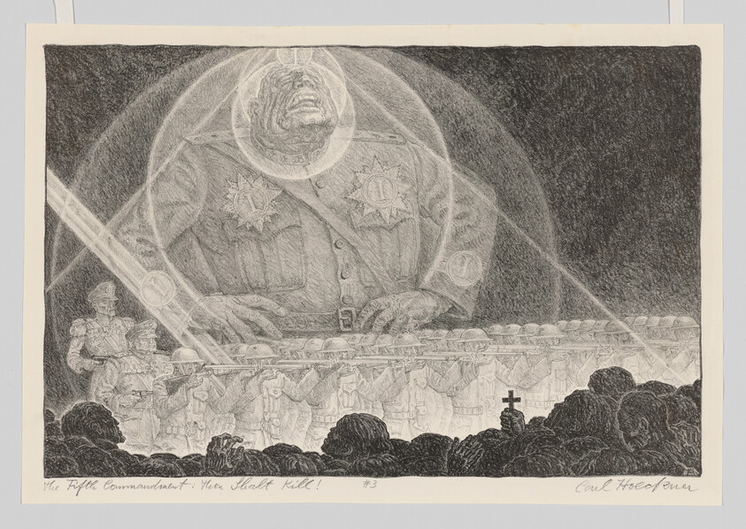 A giant military officer looms over rifle-bearing soldiers firing into a dark crowd with a cross.