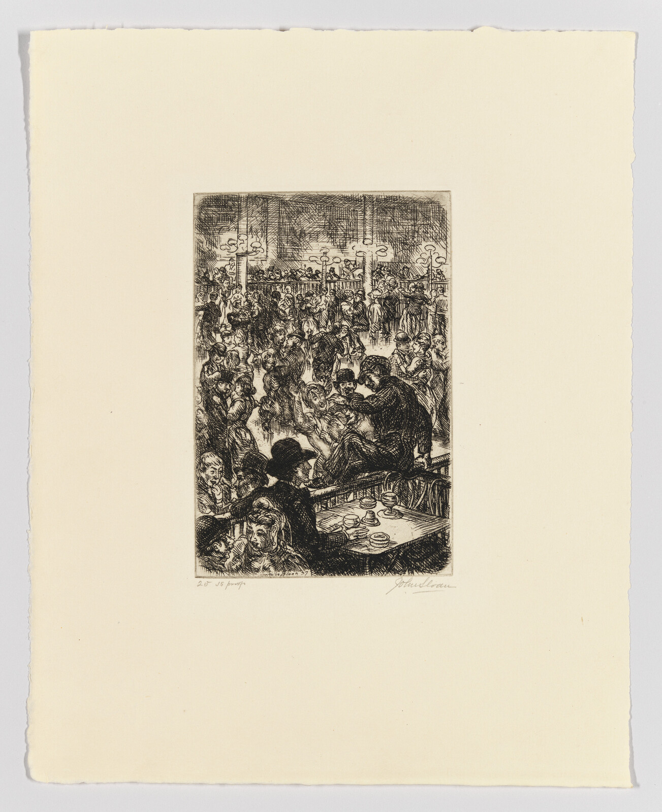 Detailed etching of a crowded scene with numerous figures, possibly at a social gathering or event, with chandeliers overhead and a central focus on a table where individuals appear to be engaged in conversation or an activity. The artwork is signed and has a rough paper edge, suggesting it may be a print or a plate from a larger collection.