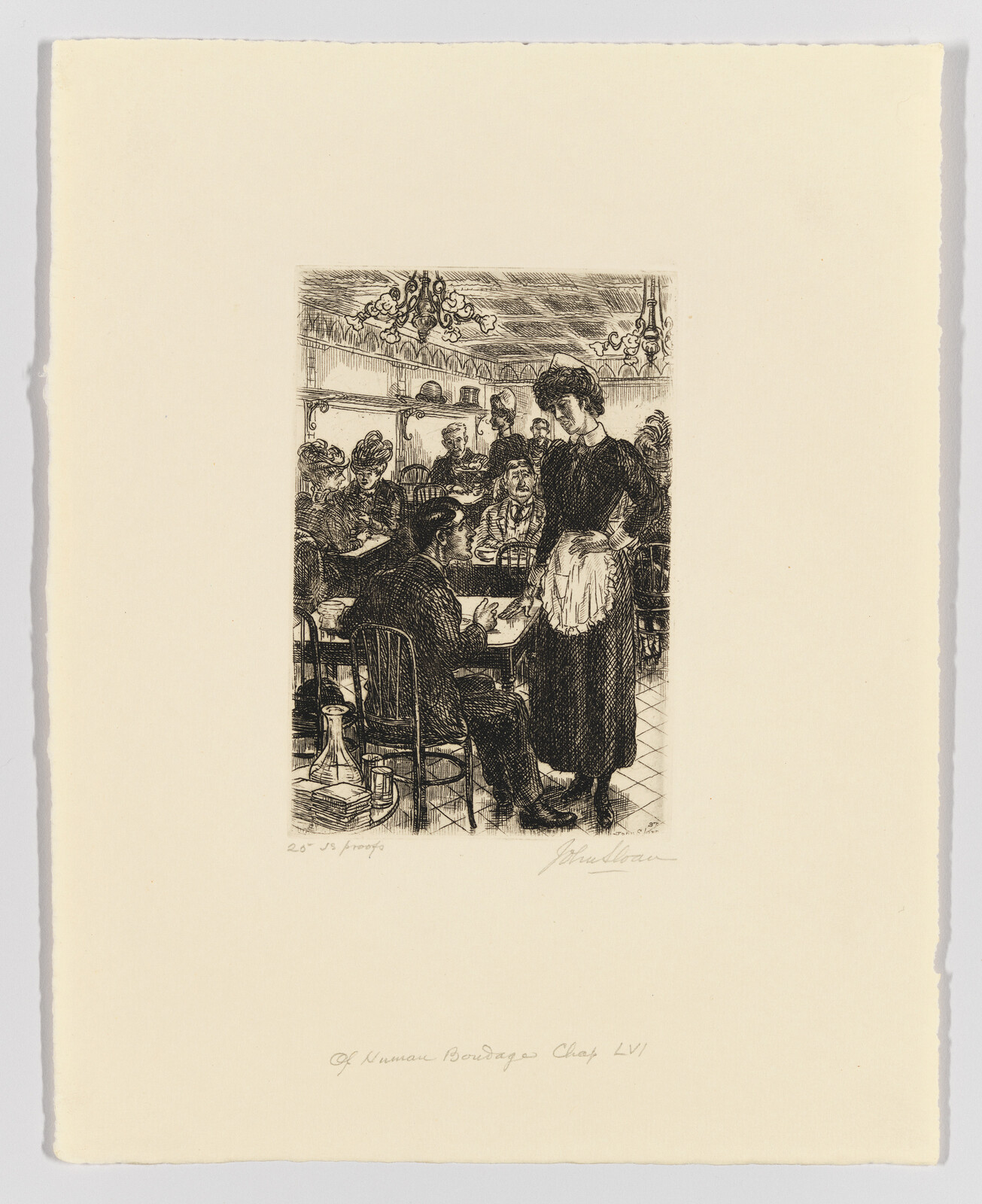 Vintage etching of a bustling café scene with patrons dining and a waitress attending to a customer.