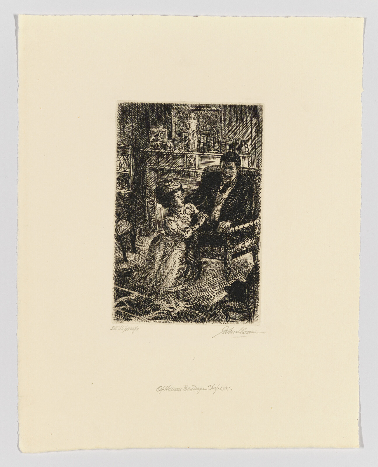 Etching of a Victorian-era woman and man in a parlor, with the woman seated and the man standing by a chair.