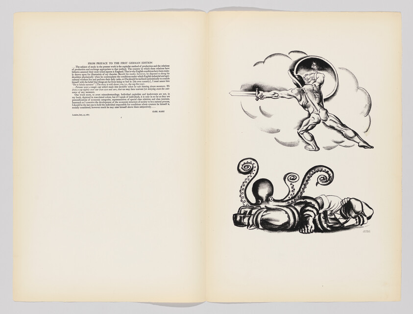 A helmeted warrior lunges with a sword above an octopus entwining a fallen figure.