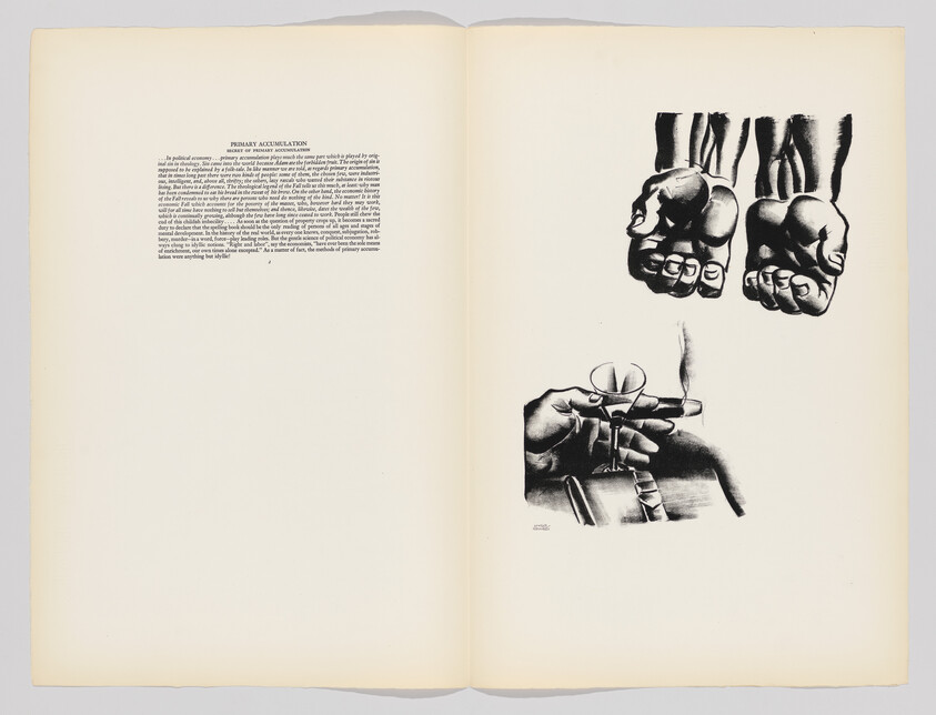 Two sets of hands are depicted, one pair clenched and another preparing a syringe over a spoon.