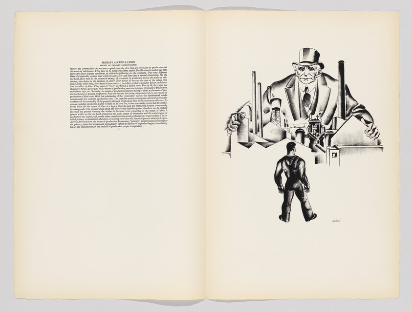 A lone worker stands facing a looming industrial boss and factories depicted like a giant figure.