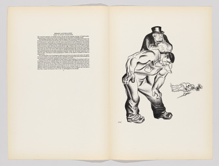 An open book with two pages visible. The left page contains a block of text with the heading "PRIMARY ACCUMULATION." The right page features a black and white illustration of a muscular man bent forward, carrying a suited man piggyback, who in turn carries a smaller suited man on his back. To the right, a small figure lies on the ground, seemingly thrown off the human stack.