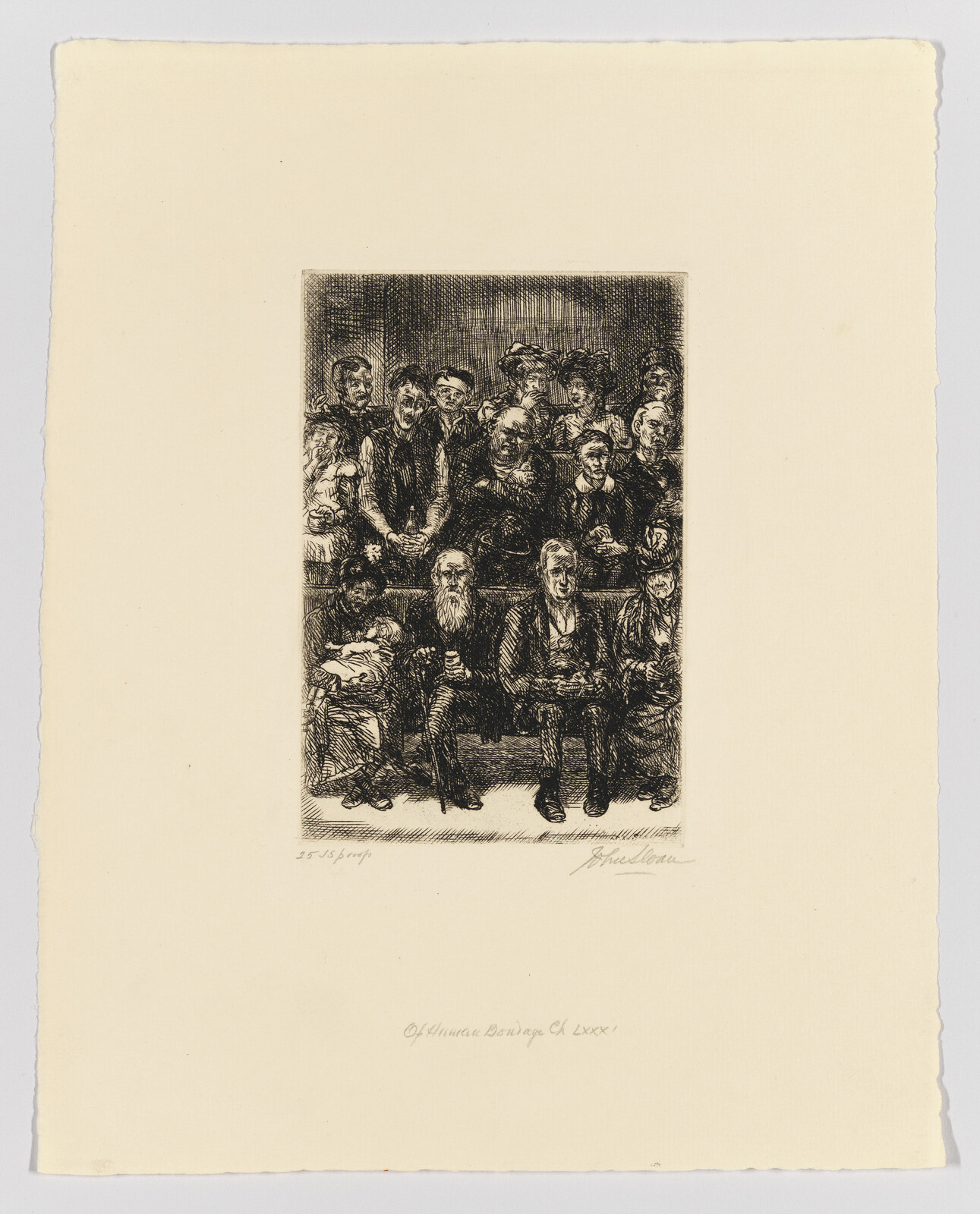 Etching of a crowded room with attentive people, possibly at a public event or lecture, in a vintage style.