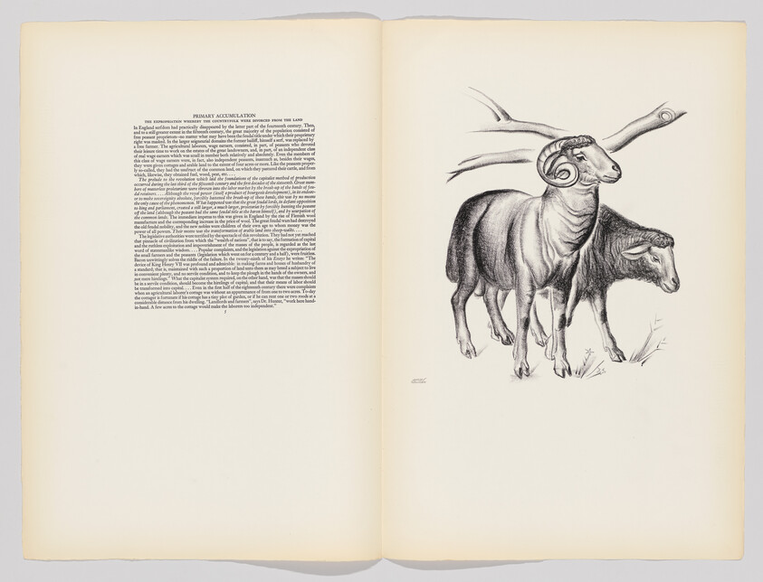 Two rams stand side by side sketched on the right page of an open book.