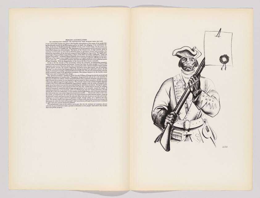An open book shows a soldier holding a musket and a small flag next to printed text.