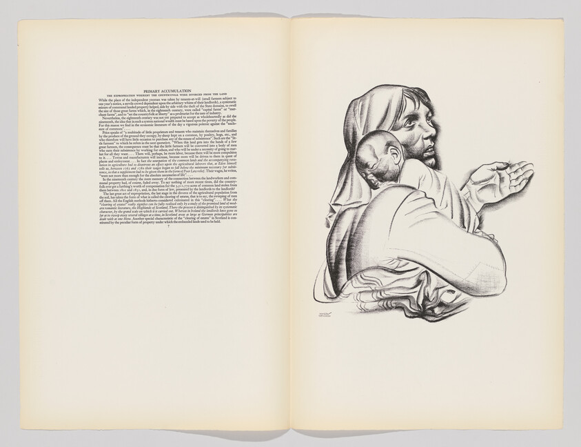 A sketch of a woman carrying a sleeping baby on her back, looking over her shoulder.