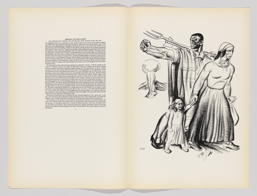 A stern man pointing forward with a trident leads a woman and child past an erupting volcano.