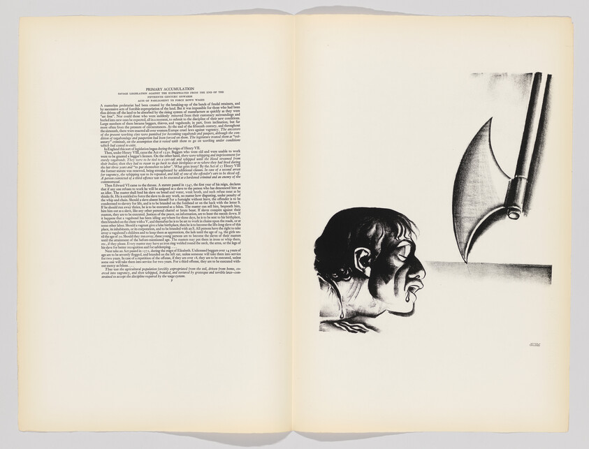 A book page shows a sweating man's head facing a large axe blade about to strike.