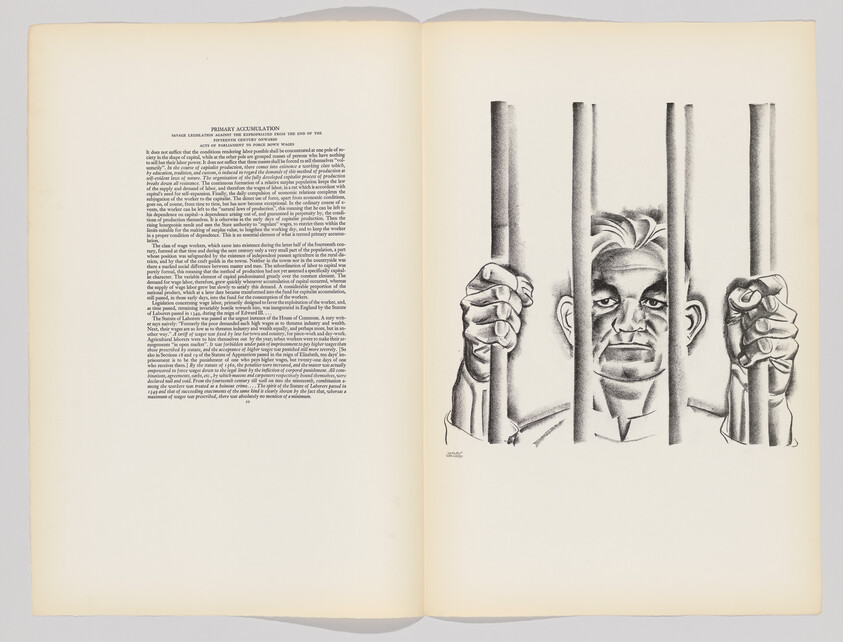 A man grips prison bars with a determined expression on a book's right-hand page.