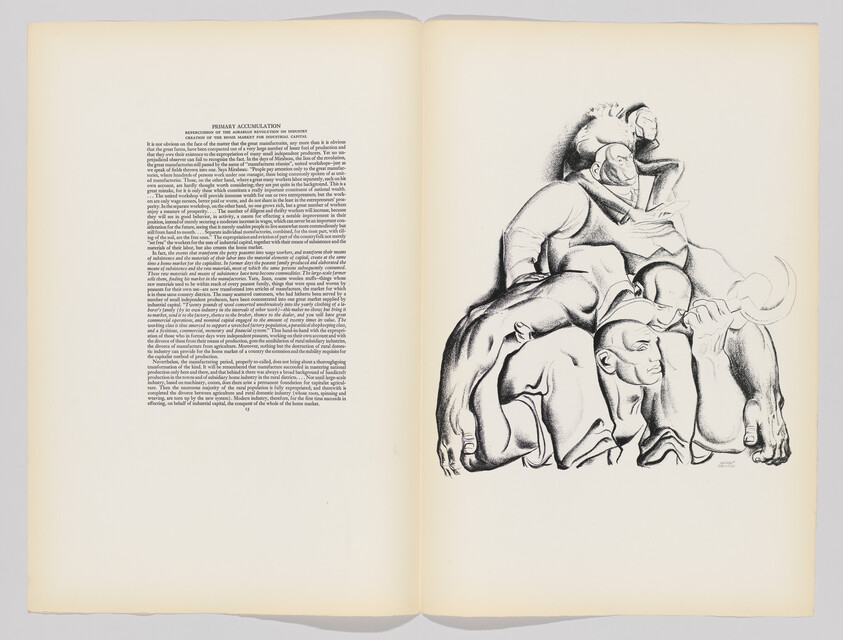 A large surreal drawing of three intertwined muscular figures on the right page of an open book.