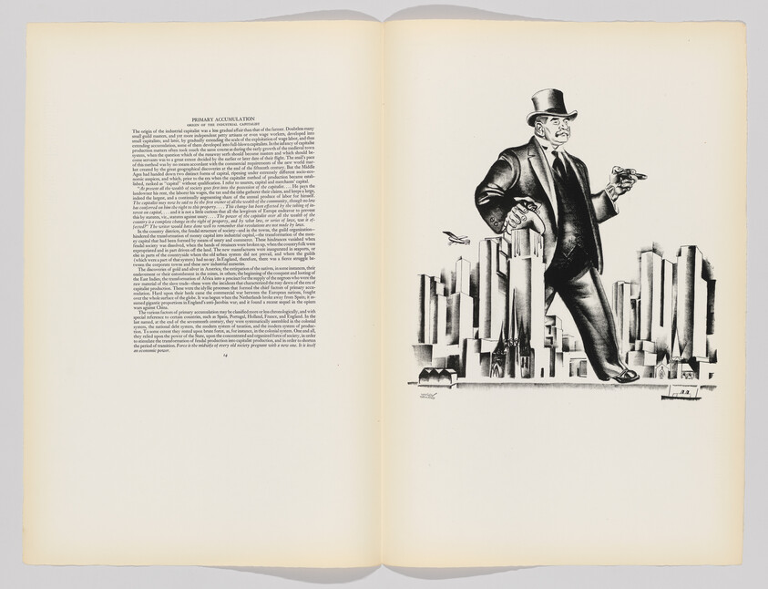 A large businessman in a top hat strides over a city skyline while holding a cigar.