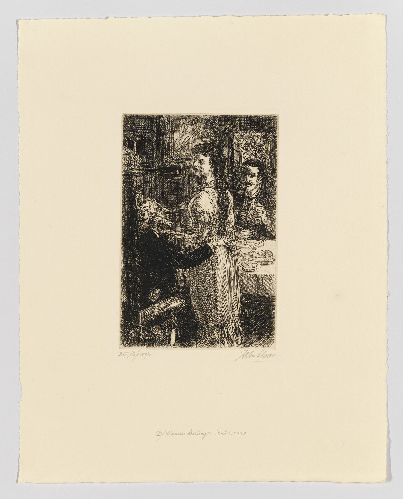 Etching of three people in a domestic scene, with a seated man, a standing woman serving, and another observing.