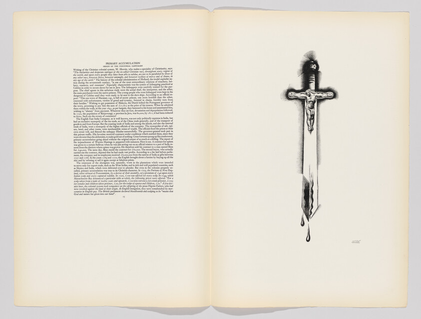 An open book page with a crucifix-shaped sword dripping blood illustrated beside a block of text.