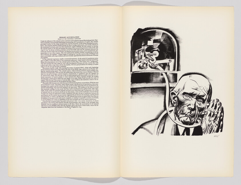 An older man has a mechanical brain in a glass dome attached to his head.