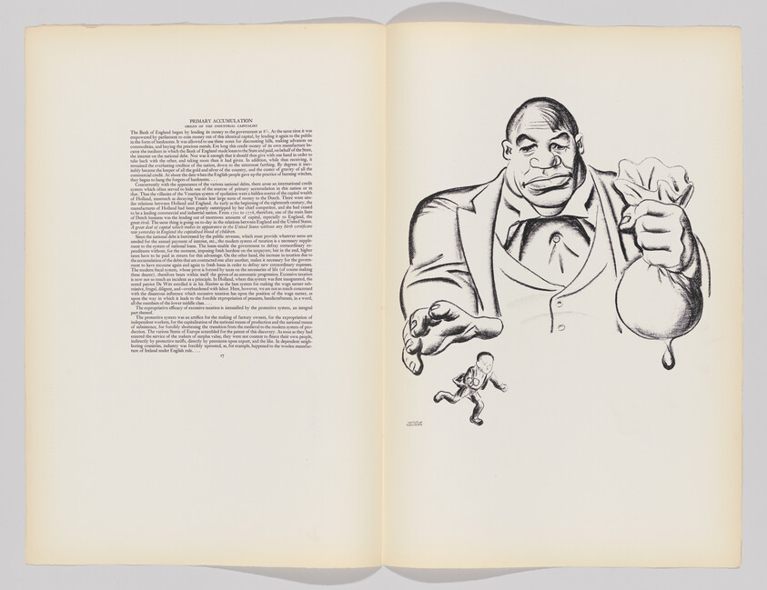 An open book with the left page filled with text under the heading "PRIMARY ACCUMULATION" and the right page featuring a black and white illustration of a large, menacing man in a suit, holding a small figure in one hand and a money bag in the other, with another tiny figure running away from his outstretched hand.