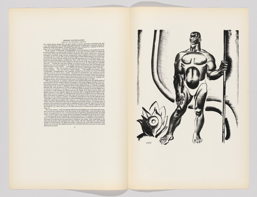 A bold black-and-white illustration of a muscular man holding a staff beside a stylized lotus flower.