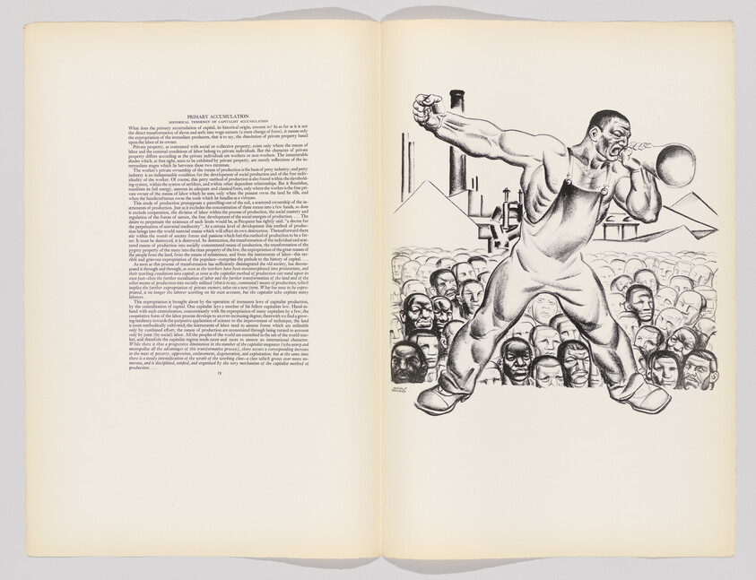 A strong worker blows a horn and gestures to a crowd in front of factory buildings.