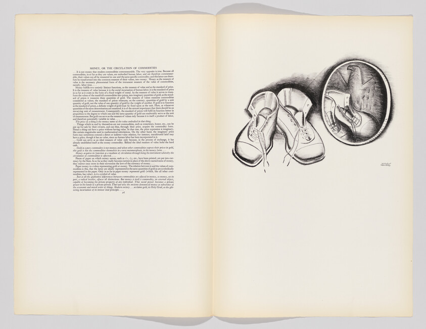 Open book showing a block of text and a pencil drawing of tied shoes with their reflection.