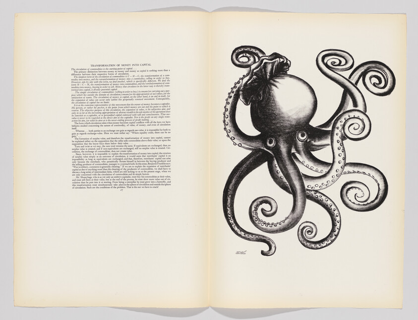 A book open to a detailed black-and-white octopus illustration opposite a page of printed text.