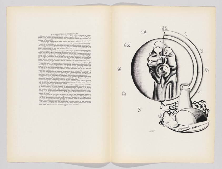 Surreal drawing of a mechanical-faced figure inside a clock face beside a plate of food.