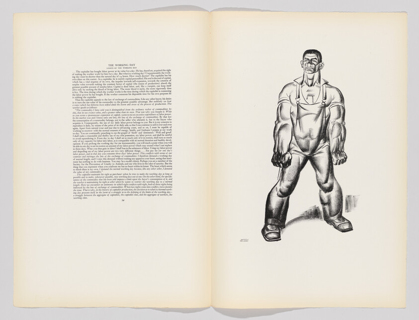 An open book shows dense text on the left and a strong worker in overalls on the right.