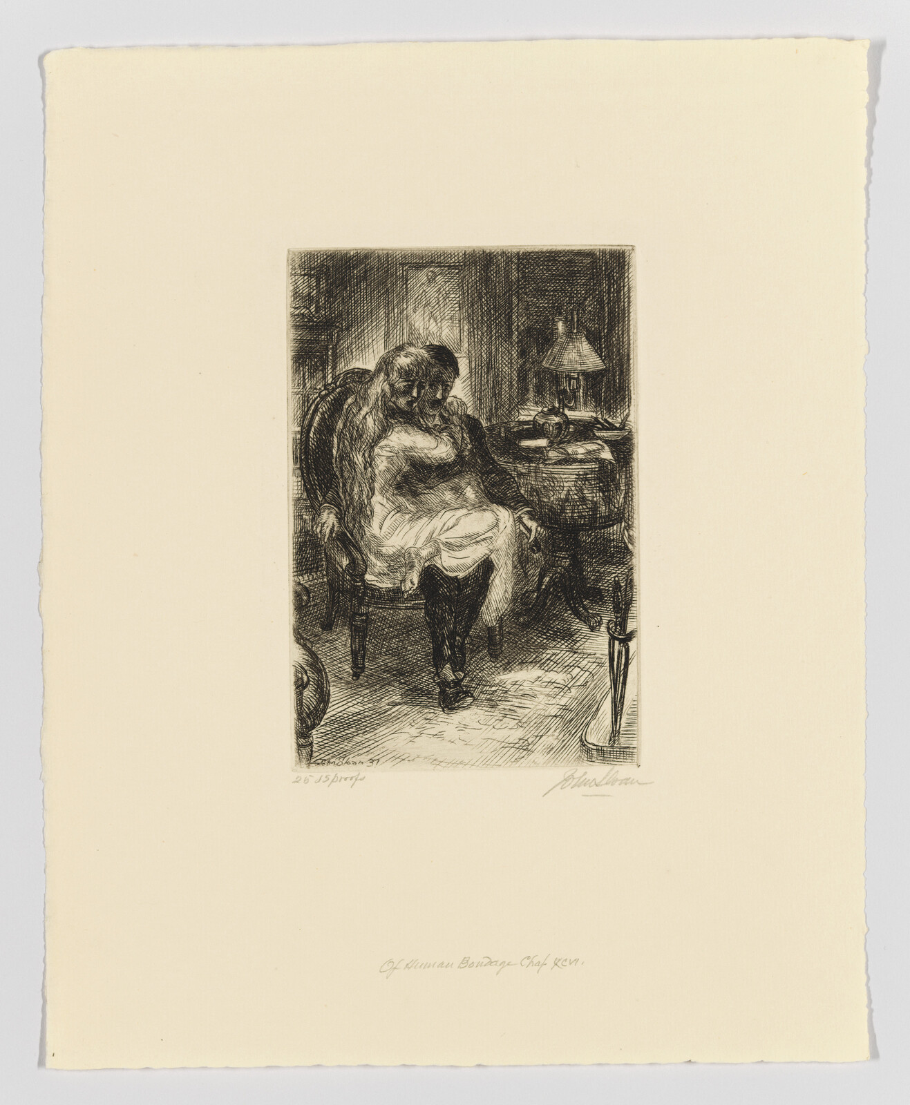 Etching of a seated elderly woman dozing in a chair by a table with a lamp, dated Oct. 1887.