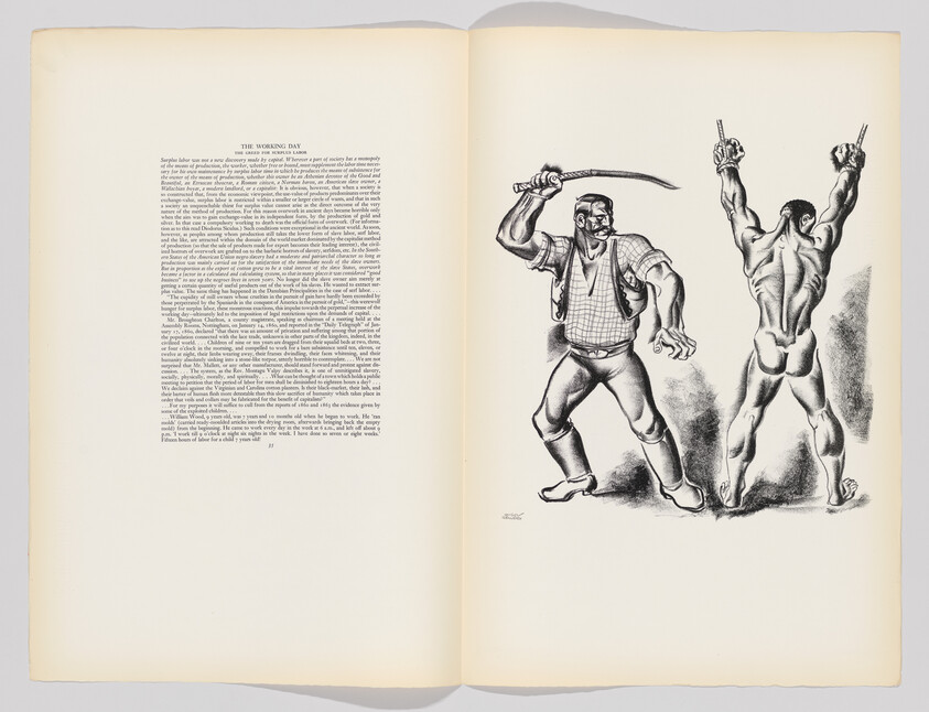 A man holding a large machete prepares to strike a bound, struggling man tied above his head.