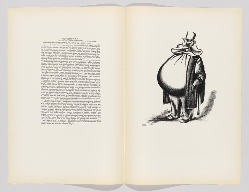 An open book with two pages visible; the left page contains dense text under the title "THE WORKING DAY," while the right page features a black and white illustration of a caricatured man with an exaggeratedly large belly, wearing a top hat, a coat with tails, a cravat, and holding a cane, casting a shadow to his right.