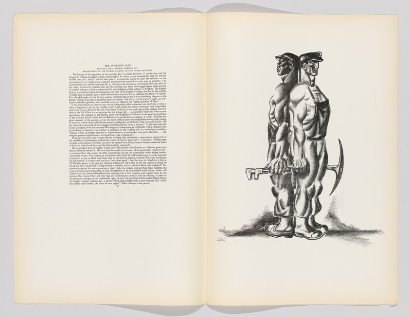 Two strong workers stand back-to-back holding a hammer and pickaxe on a book page.