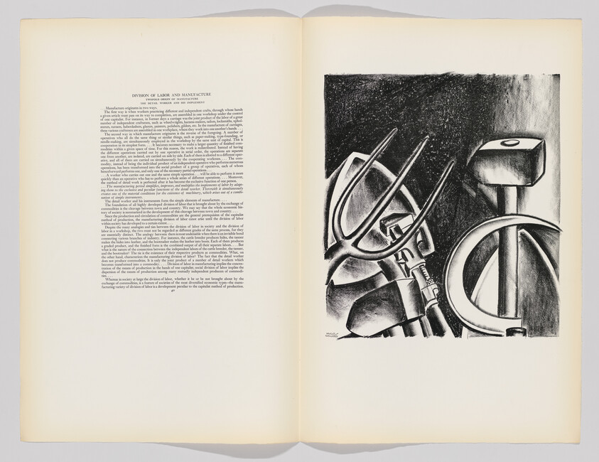 Open book shows text on left and a black-and-white illustration of a hammer, sickle, and pitchfork on the right.