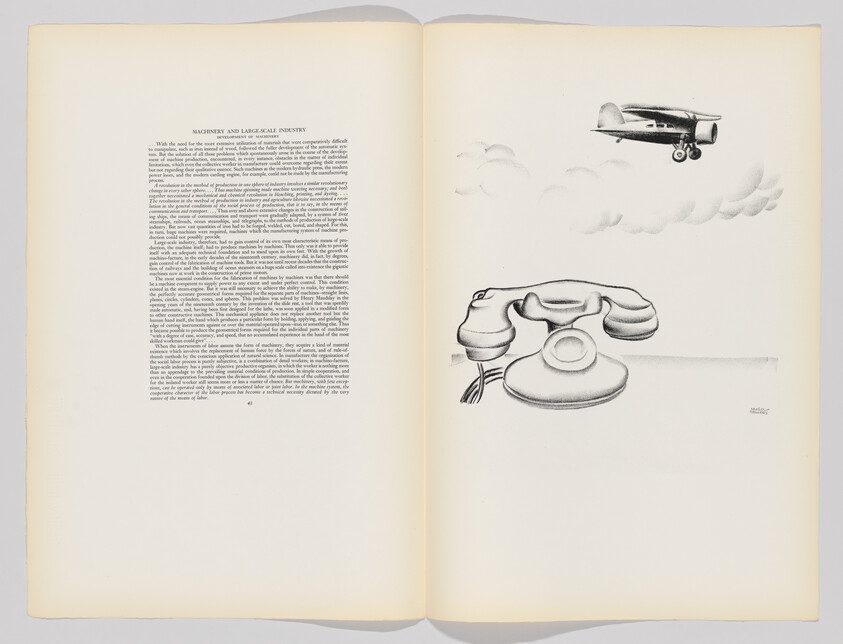 Open book shows a detailed drawing of a vintage rotary telephone and a small airplane above clouds.