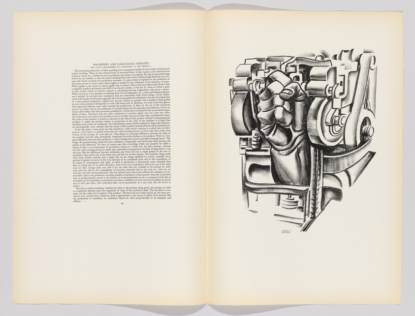 Open book showing dense text on the left page and a detailed black-and-white mechanical drawing on the right.