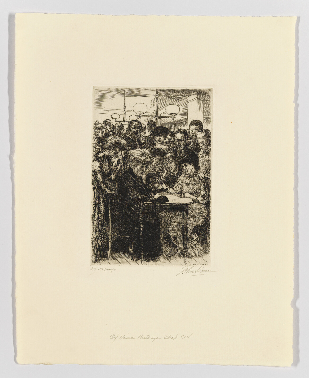 Etching of a crowded room with people gathered around a table, observing an experiment or demonstration.
