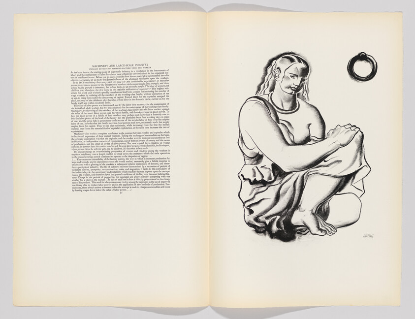 A large charcoal drawing of a seated robed figure on the right page of an open book.
